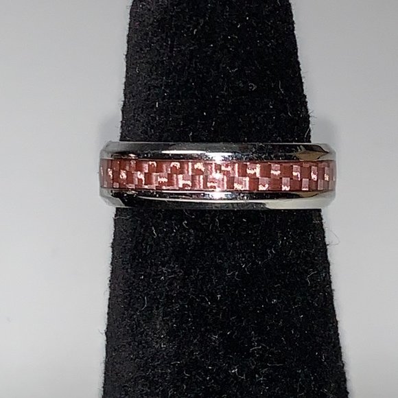 Stainless Steel Pink Carbon Fiber Inlay Band Ring, Size 7 - Picture 1 of 16